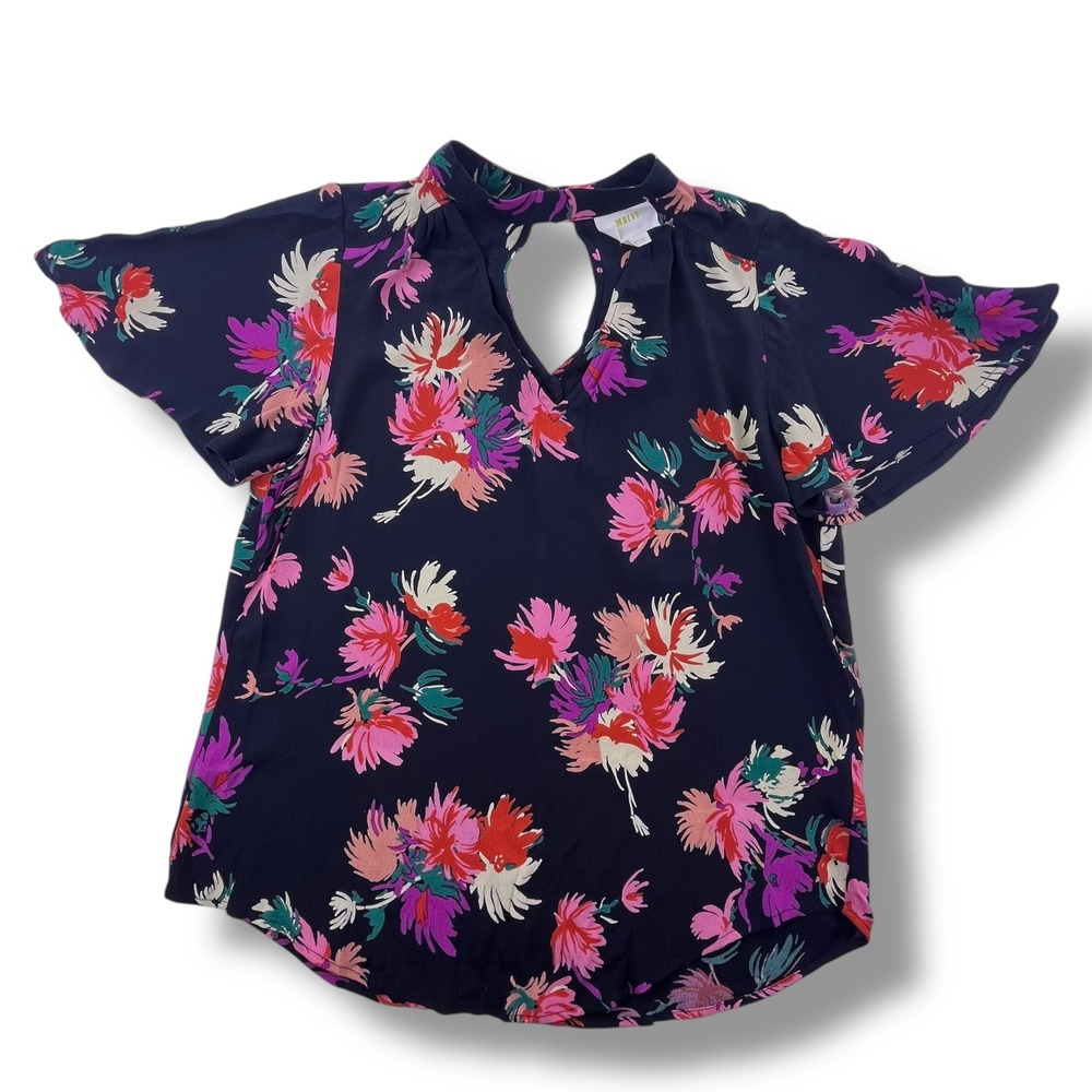 Maeve Anthropologie Floral Keyhole V-Neck Flutter Sleeve Blouse Navy Blue Medium
